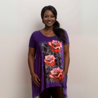Plus‑Size Roses Print Short Sleeve Hanky Hem Top