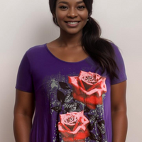 Plus‑Size Roses Print Short Sleeve Hanky Hem Top