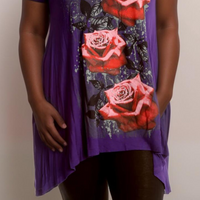 Plus‑Size Roses Print Short Sleeve Hanky Hem Top