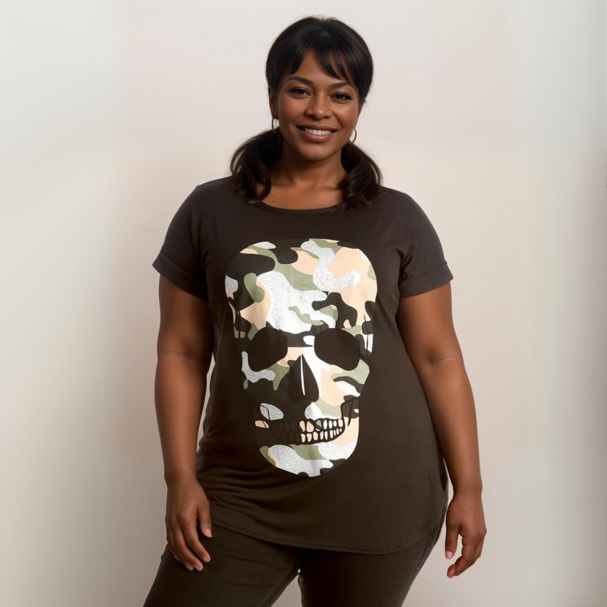 Dipped Hem Short Sleeve Glitter Skull T-Shirt