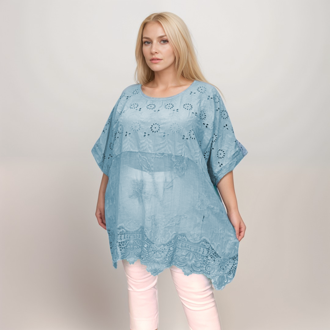 Plus‑Size Cotton Lace Hem Blouse