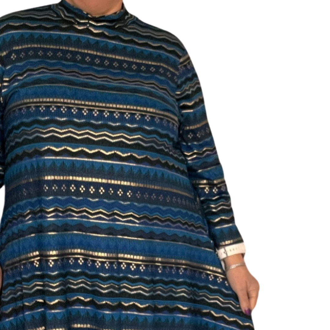 BLUE GOLD AZTEC TURTLE NECK LONG SLEEVE SWING TOP