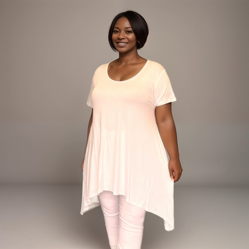 Long Plain Short Sleeve Swing Top with Hanky HemWHITE / UK 14