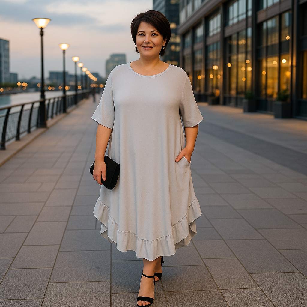 Frilled Dipped Hem Round Neck Short Sleeve Dress