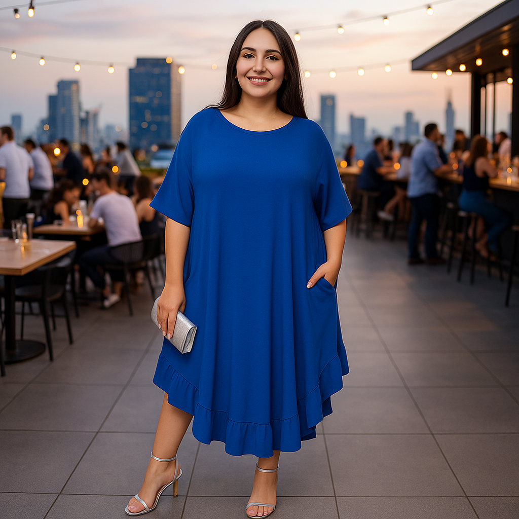 Frilled Dipped Hem Round Neck Short Sleeve Dress