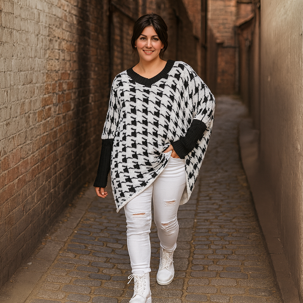 Chunky Knit Oversized V Neck Large Dogtooth Jumper