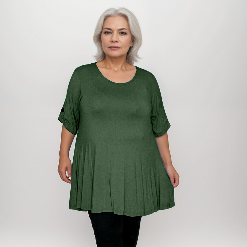 Plus‑Size 3/4 Sleeve Swing Top with Button SleevesKHAKI / UK 14