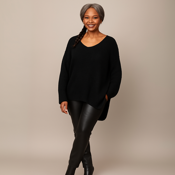V-Neck Ribbed Jumper with Long Dipped Hem