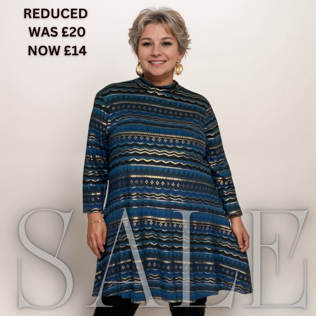 BLUE GOLD AZTEC TURTLE NECK LONG SLEEVE SWING TOP