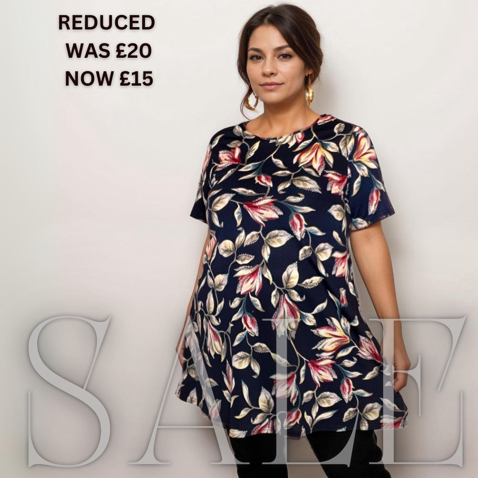 ROCKTHOSECURVES NAVY BLUE LEAF PRINT SHORT SLEEVE SWING TOP