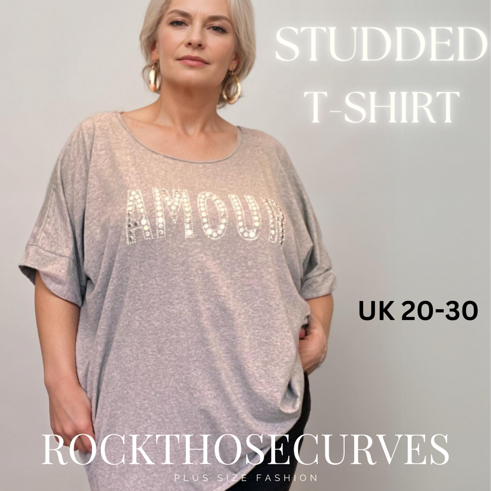 ROCKTHOSECURVES STUDDED SHORT SLEEVE COTTON T-SHIRT LONGER LENGTHGREY / UK 20-22