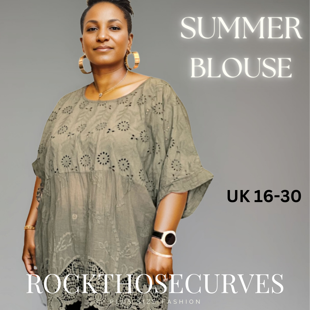 Plus‑Size Cotton Lace Hem Blouse