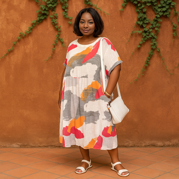 Cotton Abstract Loose-Fit Dress with Pockets