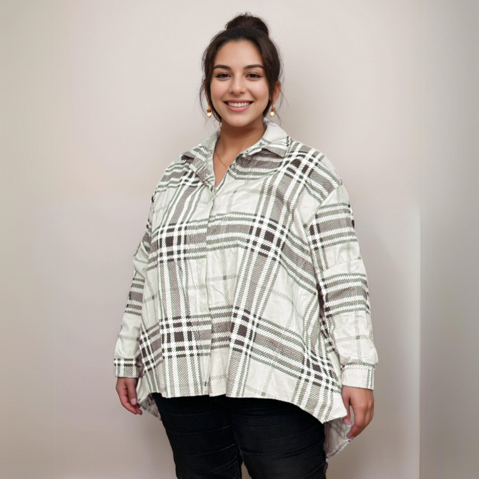Check Pattern Dipped-Hem Shirt/Blouse Plus SizeWHITE / UK 12-14