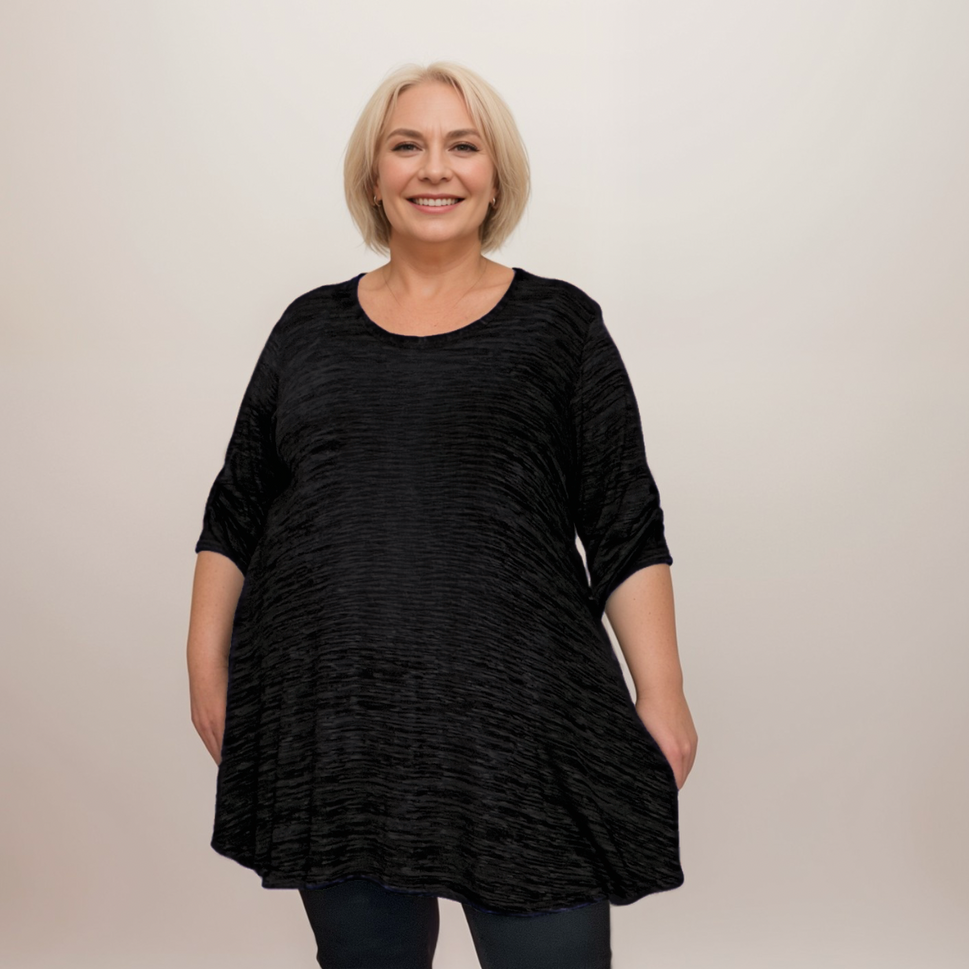 Plus‑Size Mottled Effect Button Sleeve Swing TopBLACK / UK 14