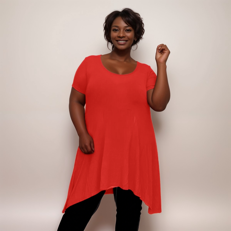 Long Plain Short Sleeve Swing Top with Hanky HemRED / UK 14