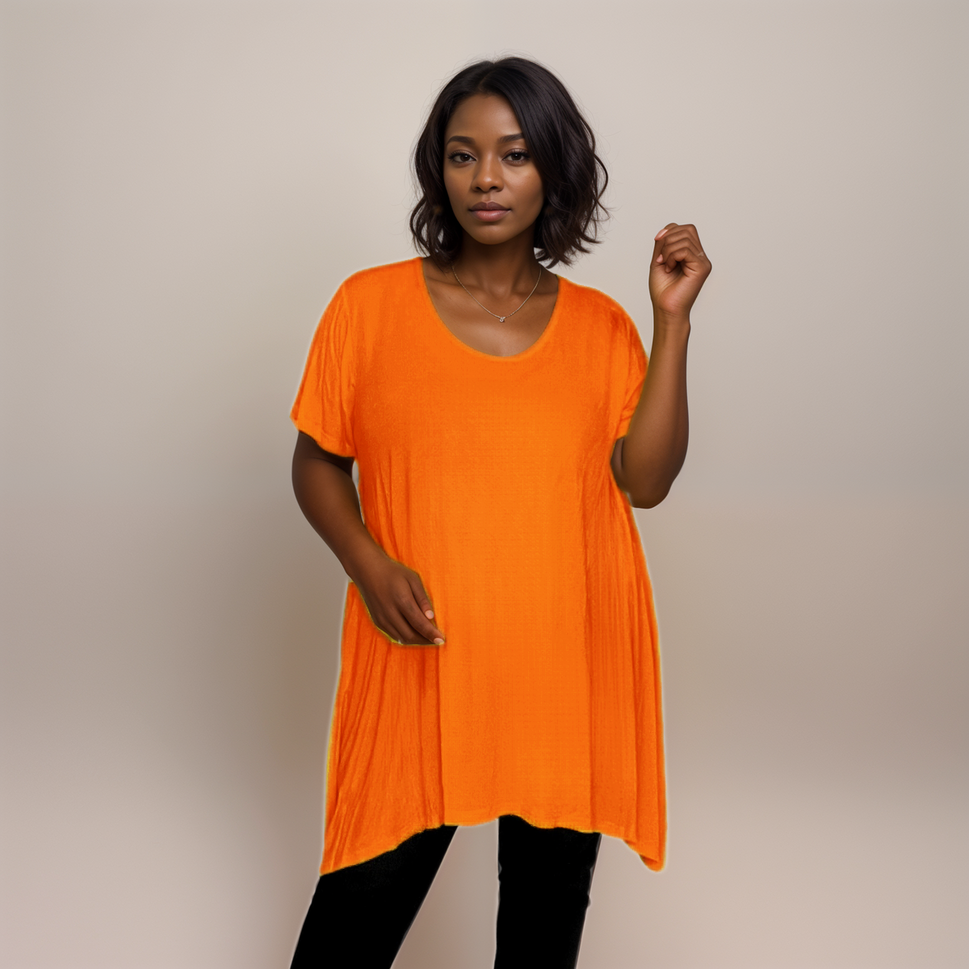 Long Plain Short Sleeve Swing Top with Hanky HemOrange / UK 14