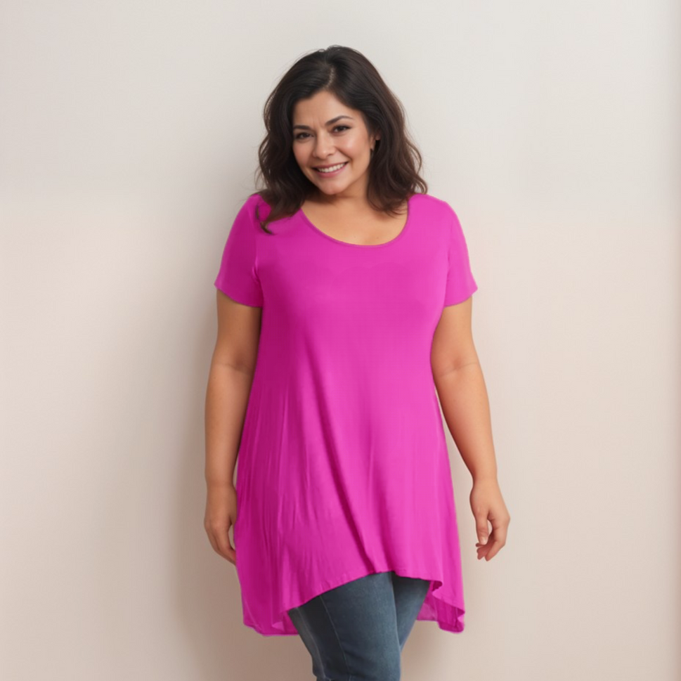 Long Plain Short Sleeve Swing Top with Hanky HemFUCHSIA / UK 14