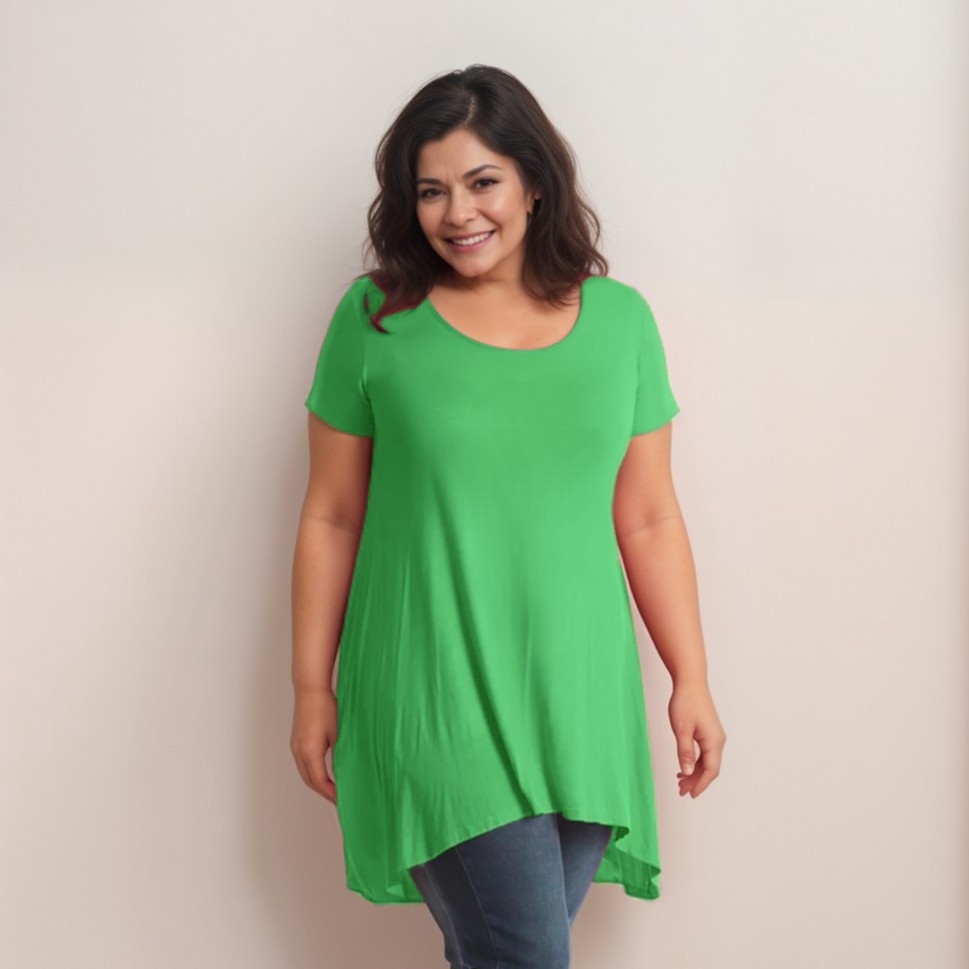 Long Plain Short Sleeve Swing Top with Hanky HemGREEN / UK 14