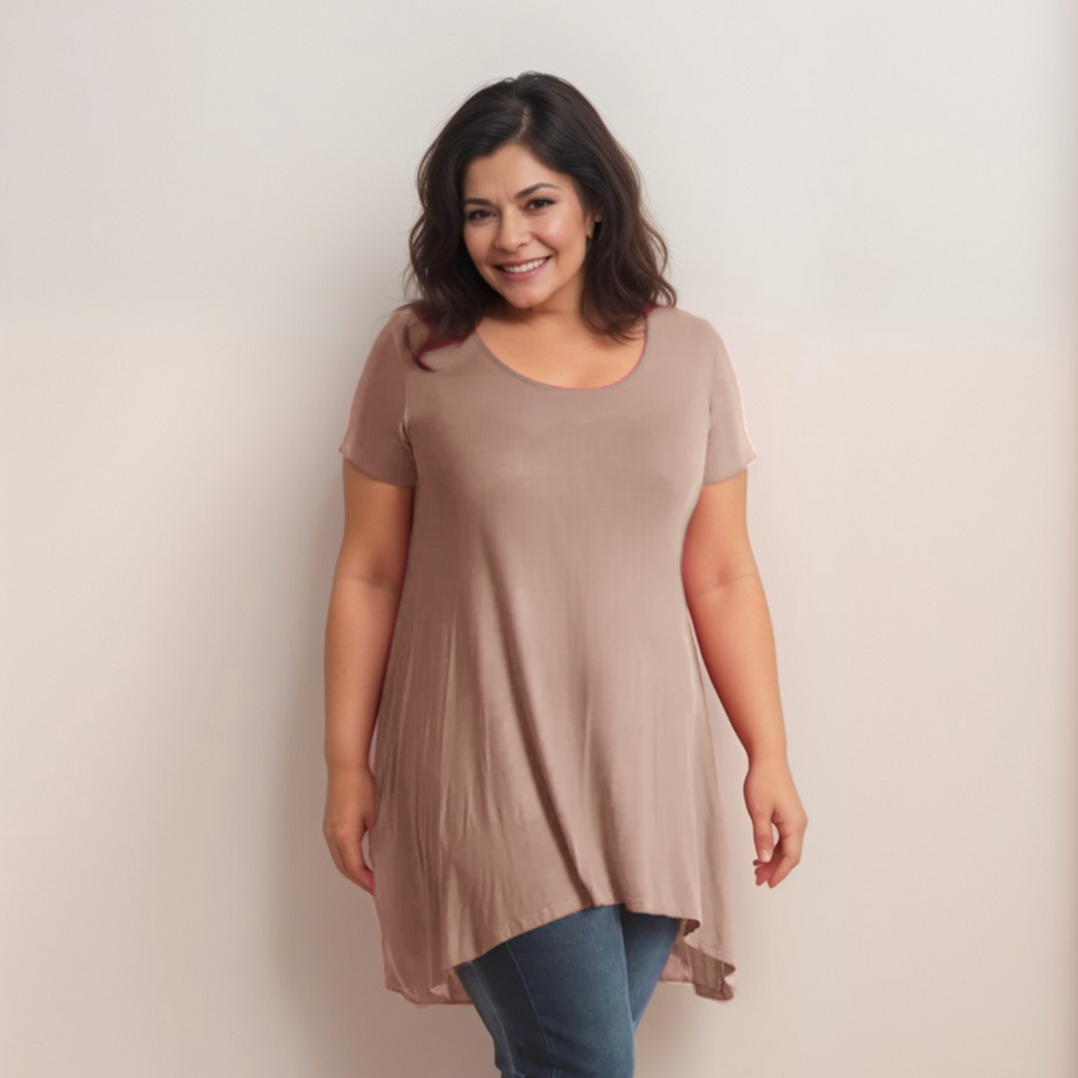 Long Plain Short Sleeve Swing Top with Hanky HemMOCHA / UK 14