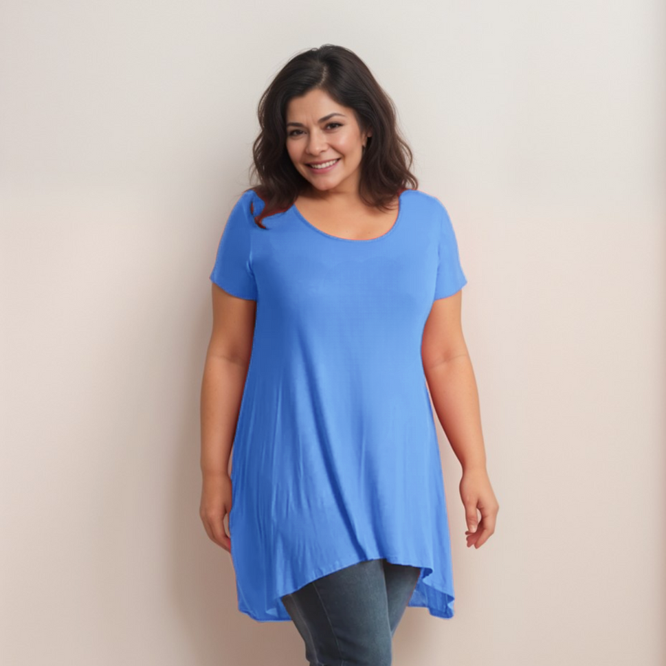 Long Plain Short Sleeve Swing Top with Hanky HemTURQUOISE / UK 14