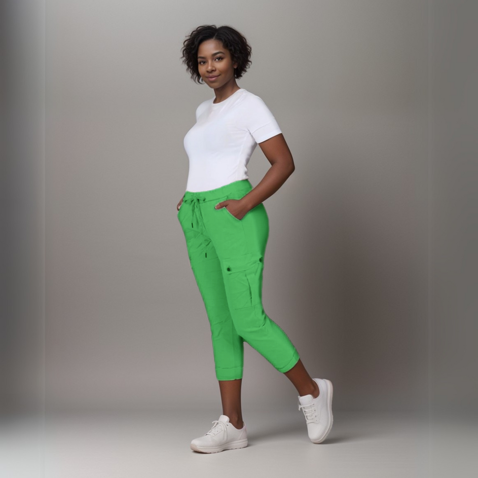 Super-Stretch High-Rise Elastic-Waist Cargo Magic TrousersGreen / UK 12-14