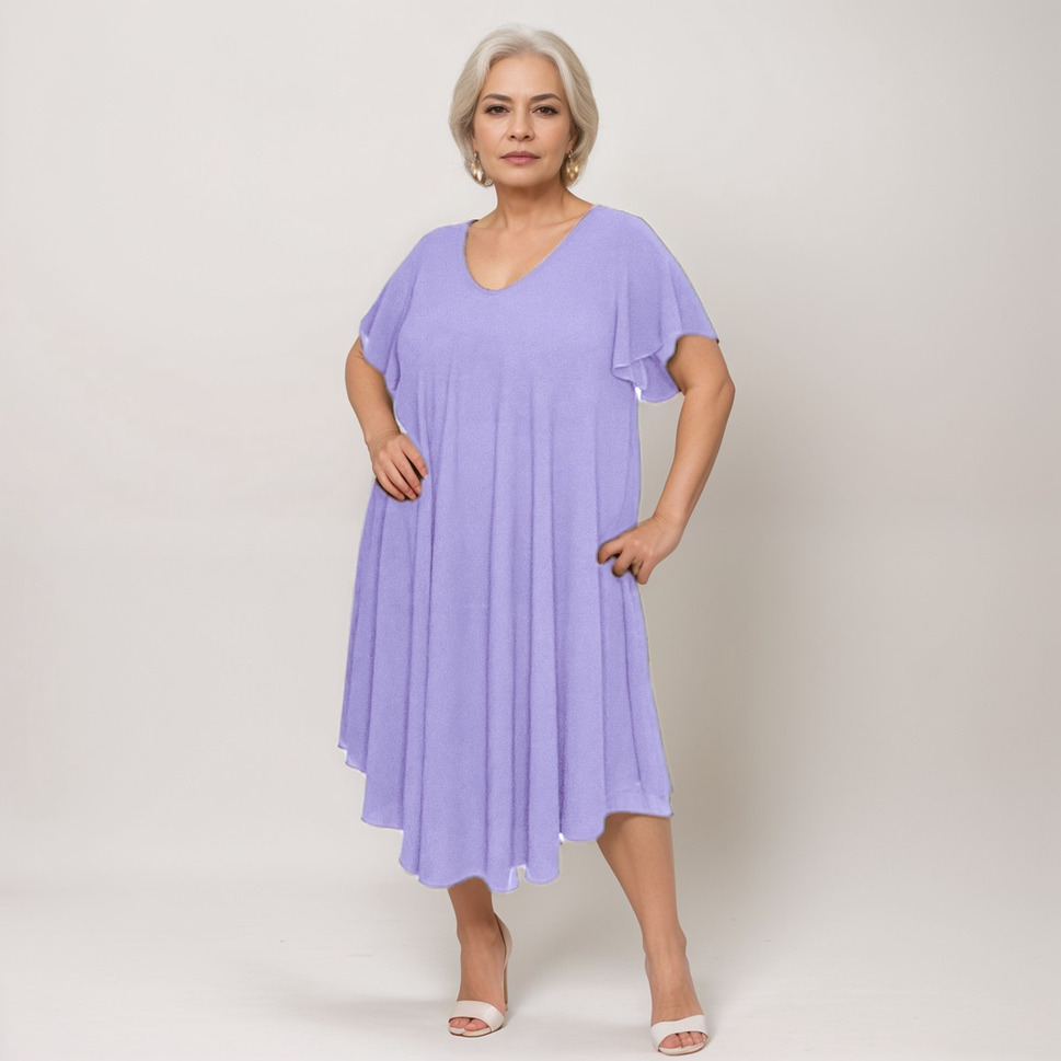 Loose-Fitting V-Neck Swing Dress with Fluted Short SleevesSKY BLUE / UK 16-18