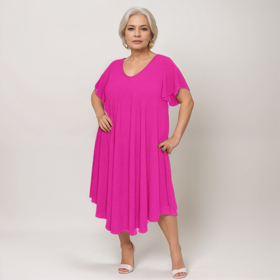 Loose-Fitting V-Neck Swing Dress with Fluted Short Sleeves