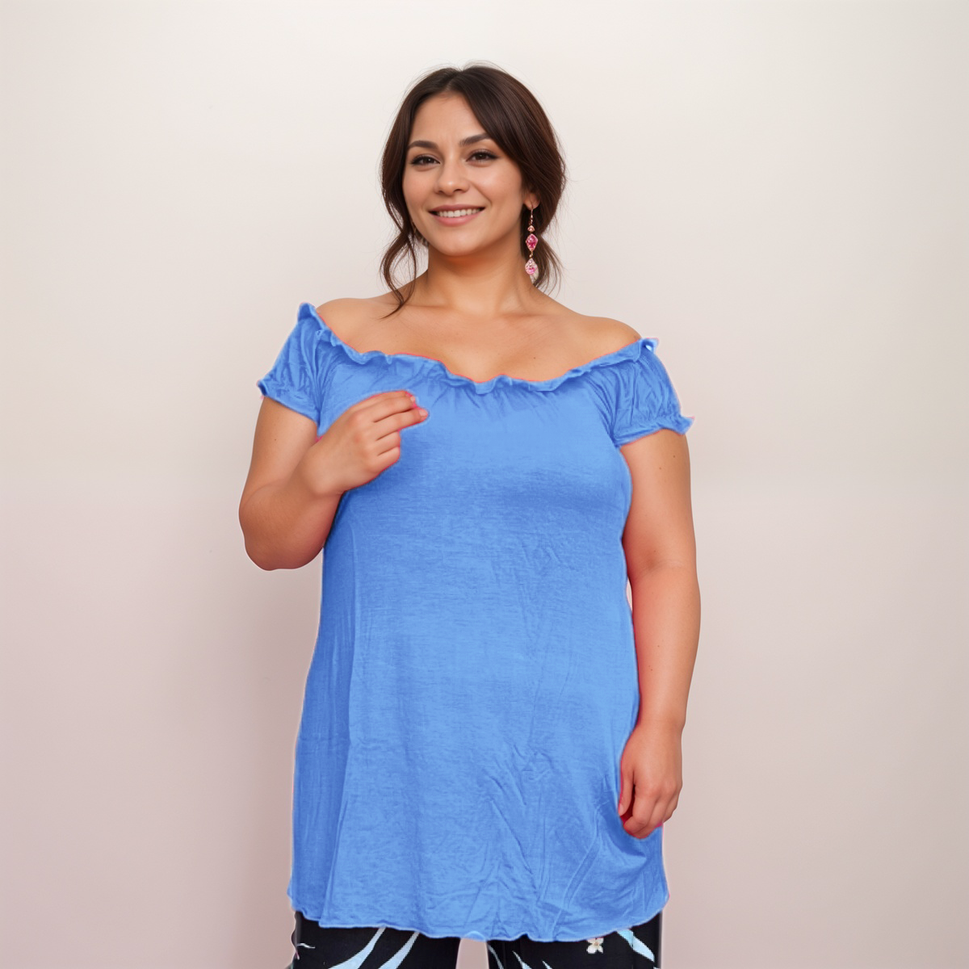 Longline Off-Shoulder Bardot Top / T-ShirtDENIM BLUE / UK 14