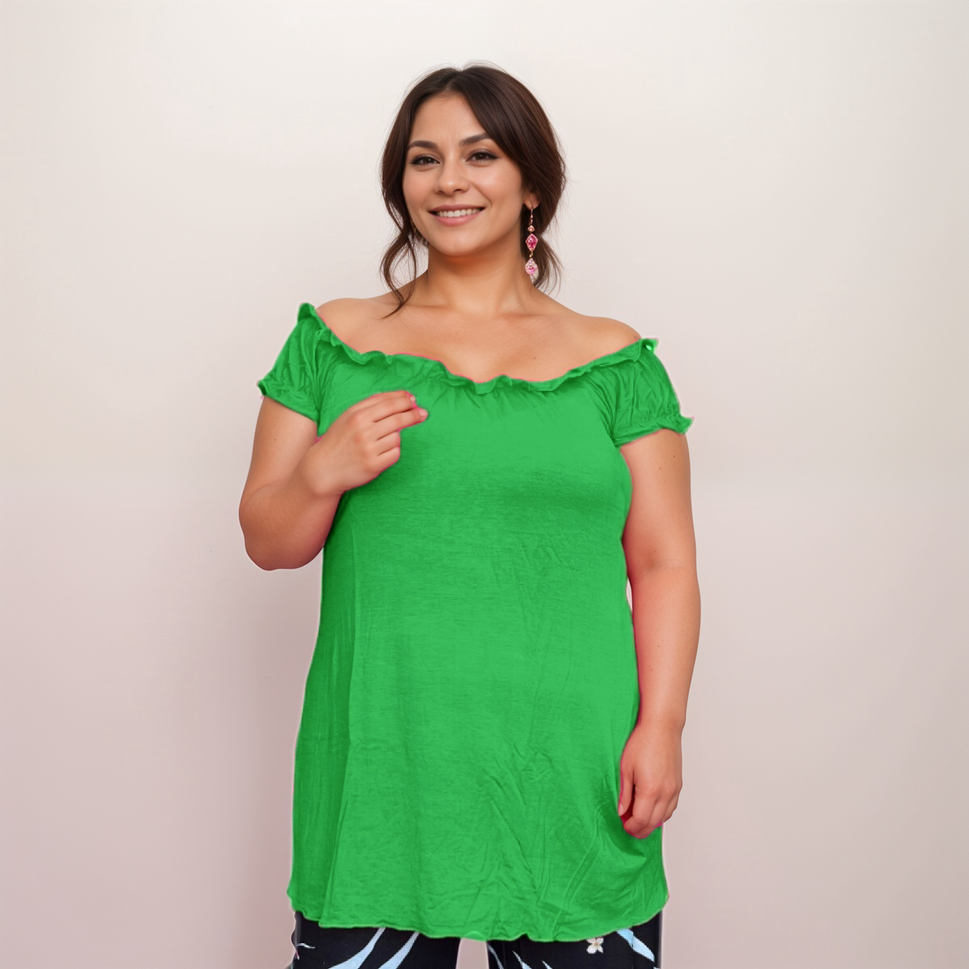 Longline Off-Shoulder Bardot Top / T-ShirtGREEN / UK 14
