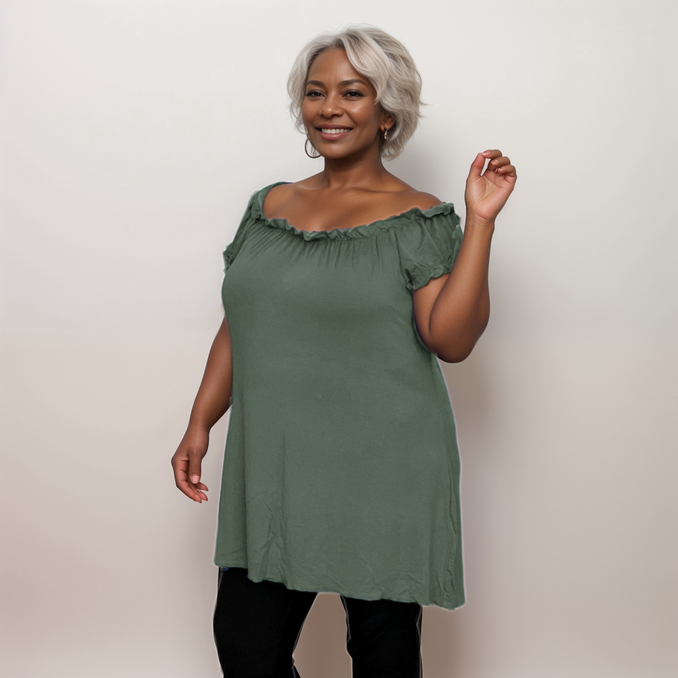 Longline Off-Shoulder Bardot Top / T-ShirtKHAKI / UK 14