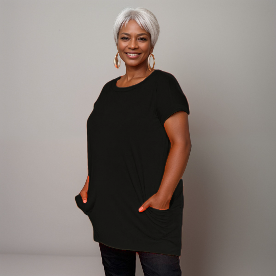 Longline Dipped-Hem T-Shirt with Side PocketsBLACK / UK 12-14