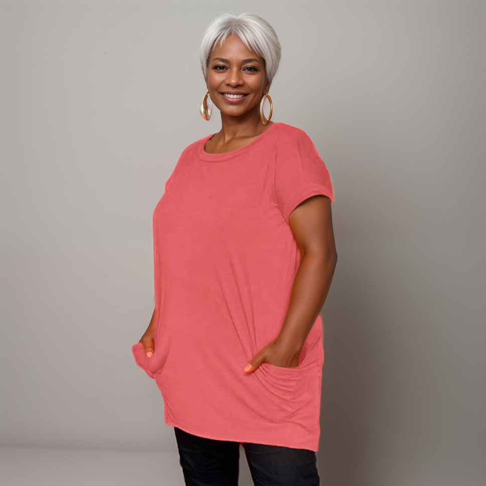 Longline Dipped-Hem T-Shirt with Side PocketsCORAL / UK 12-14
