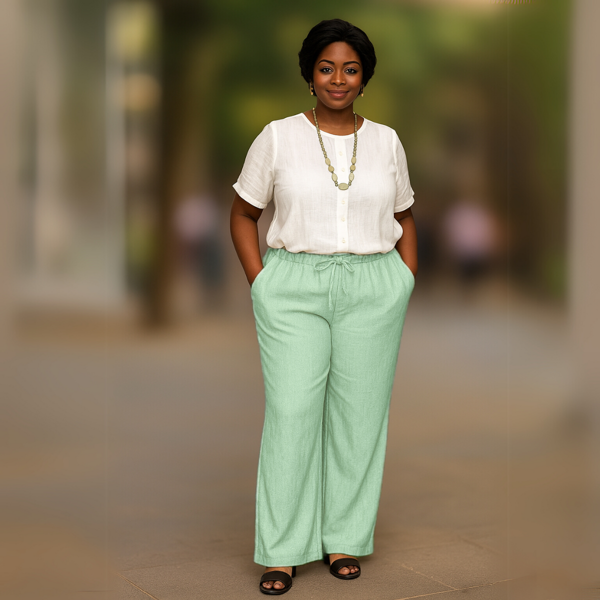 Linen-Look Elastic Waist Trousers