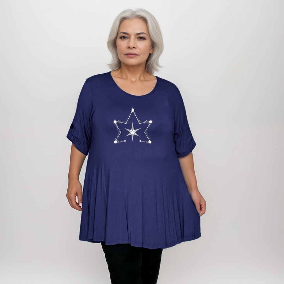 Double Star Plus-Size Button Sleeve Swing TopNAVY BLUE / UK 14