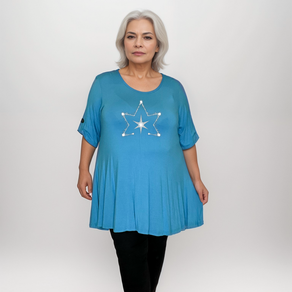 Double Star Plus-Size Button Sleeve Swing TopTURQUOISE / UK 14