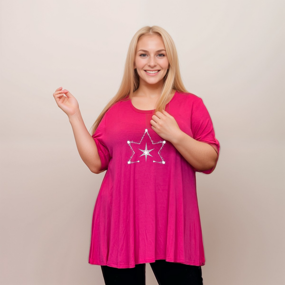 Double Star Plus-Size Button Sleeve Swing TopFUCHSIA / UK 14