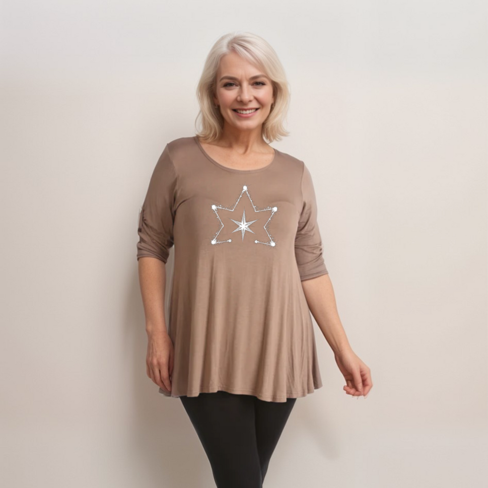 Double Star Plus-Size Button Sleeve Swing TopMOCHA / UK 14