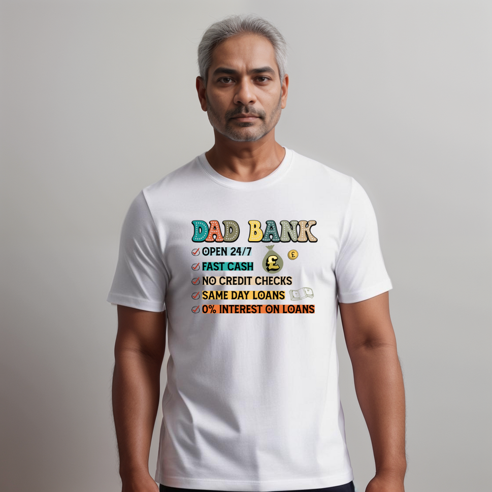 Men’s “Dad Bank” Short-Sleeve Cotton T-ShirtWHITE / SMALL