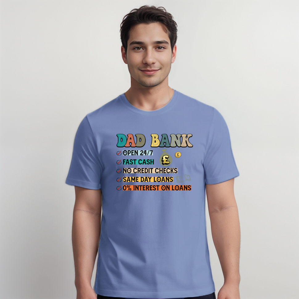 Men’s “Dad Bank” Short-Sleeve Cotton T-ShirtDENIM BLUE / SMALL