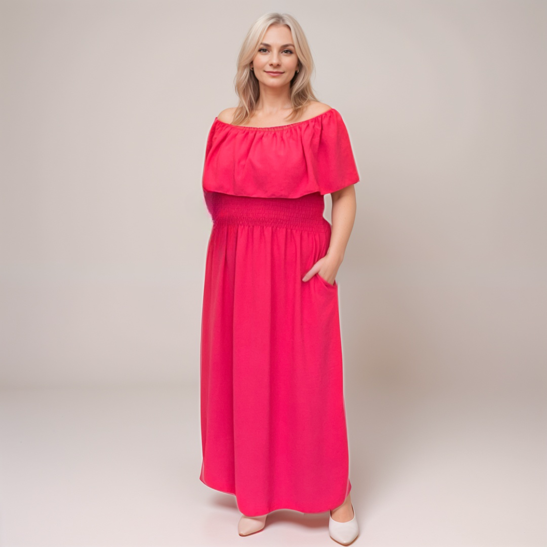 Frilled Off-Shoulder Maxi Dress with Smocked Waist & Side Pockets