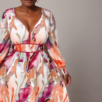 V-Neck Orange-Red Print Midi Dress