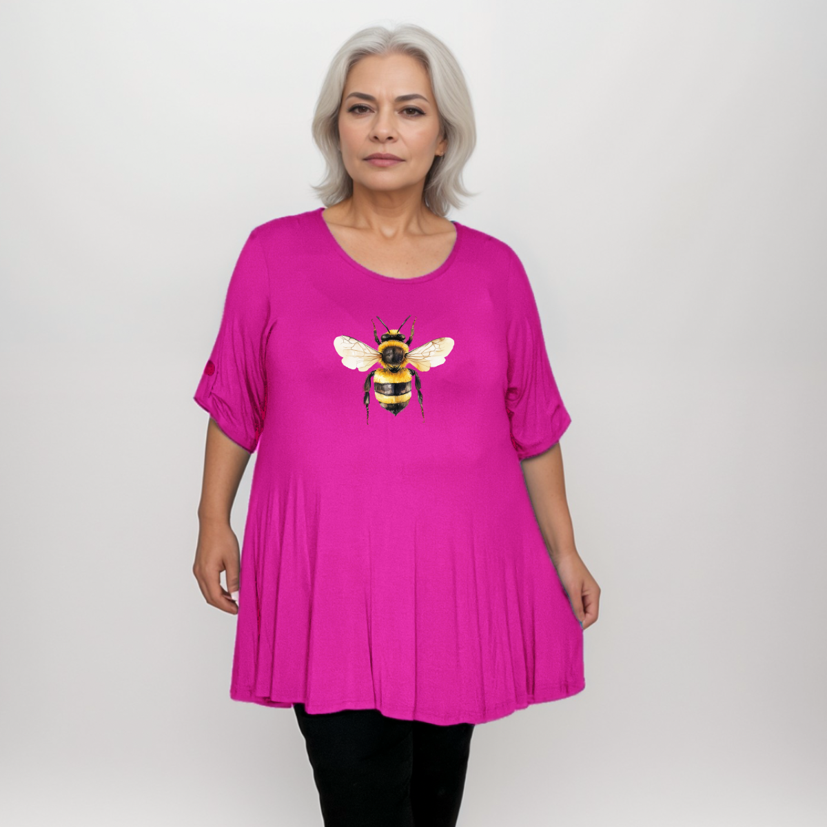 Plus‑Size Bee Print Swing Top with Button Half-Sleeves