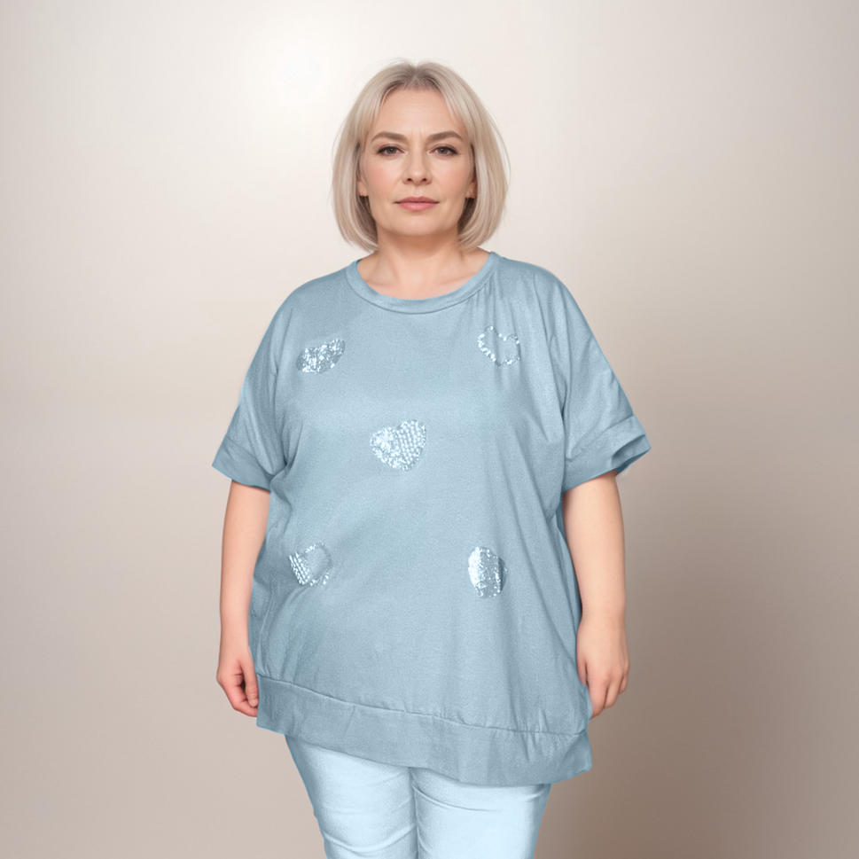 Pearl & Diamante Heart Long TopPALE BLUE / UK 16-18