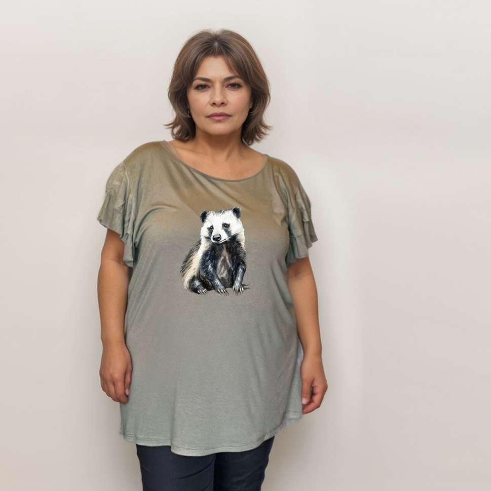 Plus‑Size Black Loose Fitting Top with Badger & Frilled SleevesKHAKI / UK 18
