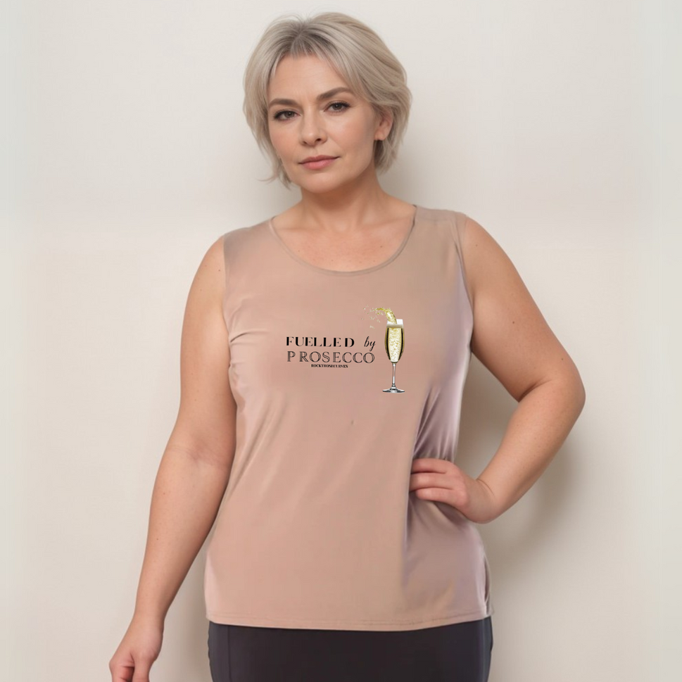 Sleeveless Cut Side Vest with “Fuelled by Prosecco” LogoSTONE / UK 12-14