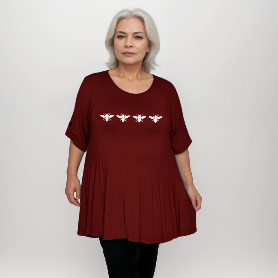 4 Bees Print Plus-Size Button Sleeve Swing TopWINE / UK 14