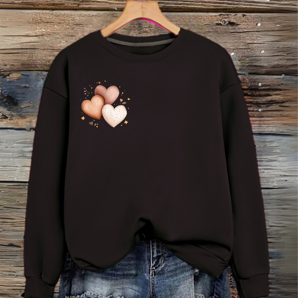 Plus-Size Cotton Sweatshirt with Triple Heart Design