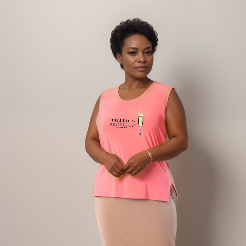 Sleeveless Cut Side Vest with “Fuelled by Prosecco” LogoCORAL / UK 12-14