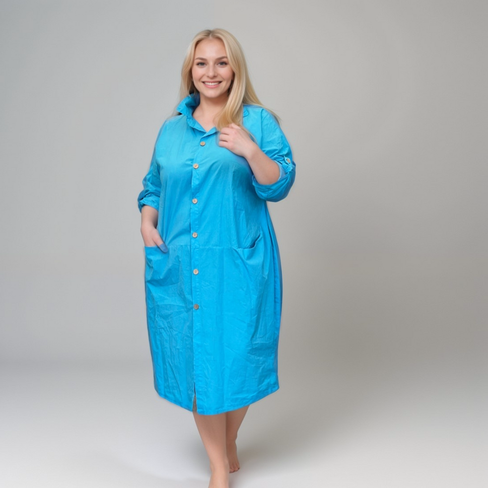 Plus-Size Oversized Cotton Shirt Dress with Front Pockets